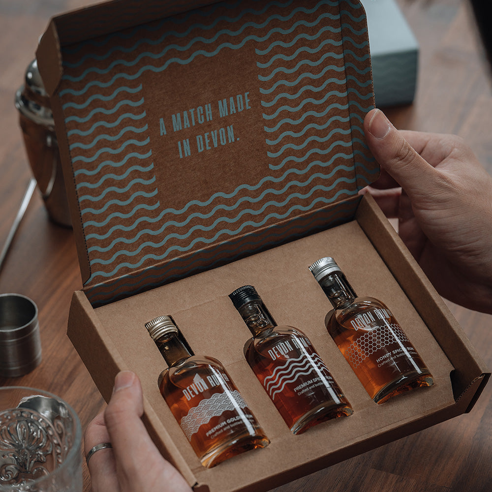 Devon Rum Co Spiced, Honey Spiced, and Black Spiced Rum Miniatures in a Gift Set Box
