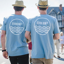 Load image into Gallery viewer, Two men wearing blue fitted organic cotton t-shirts by the Devon Rum Company
